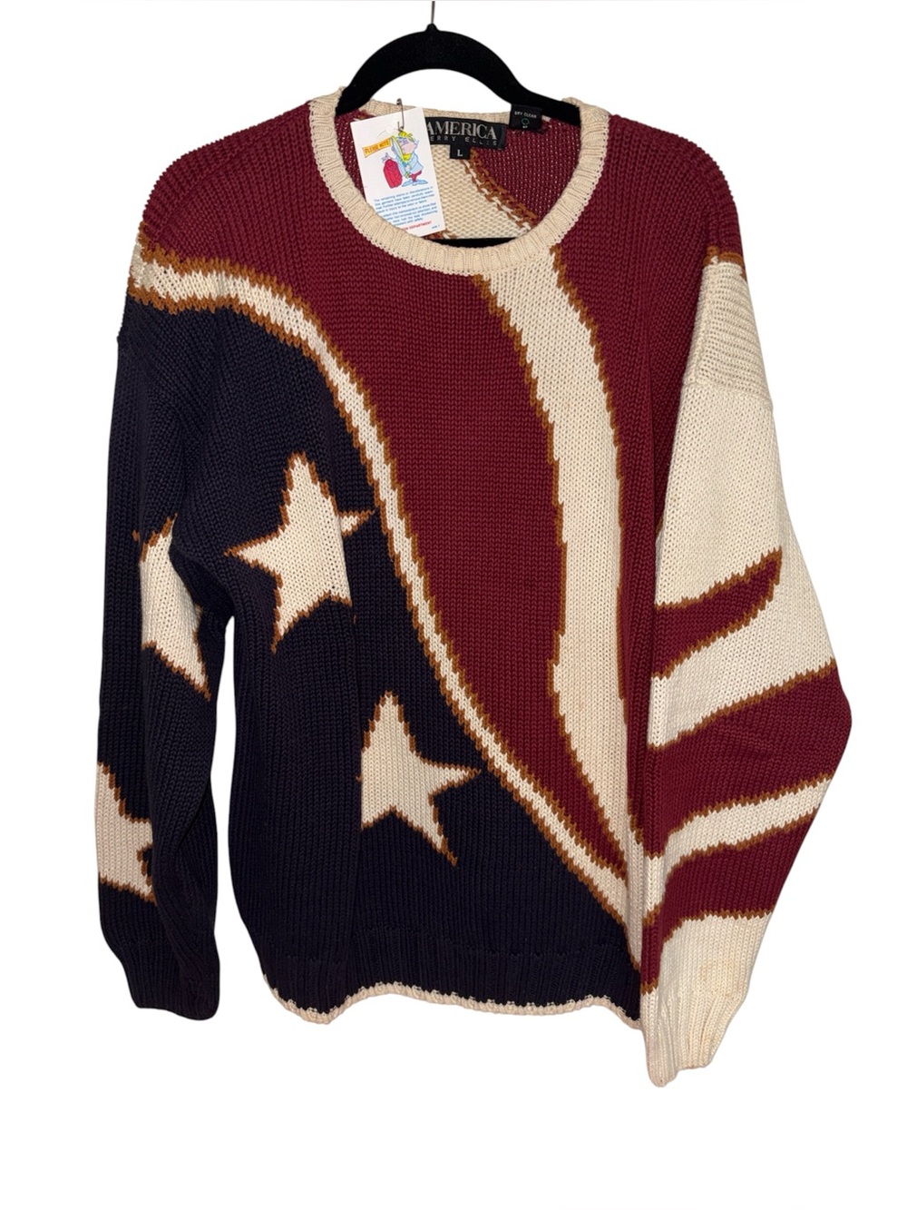 Vintage America Perry Ellis Cream and Burgundy Knit Sweater large